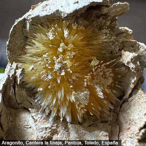 Aragonito-Cantera-Las-Tinajas-Pantoja-Toledo-2 Aragonito radial en Matriz, cantera la tinajja, Pantoja, Toledo, España. Barahona Minerales